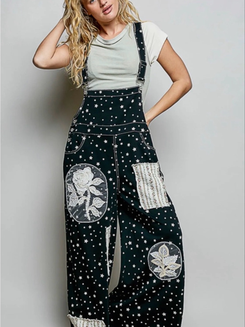 Pol Black Star-Print Wide-Leg Overalls with White Embroidered Patches